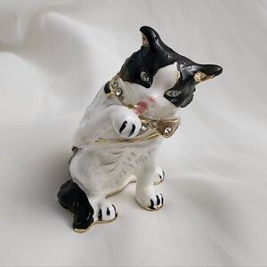 Black & White Cat Trinket Jewelry Box Proposal Ring Box Rhinestone Enamel Decor